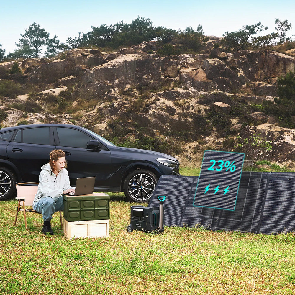 Portable power station set up beside an RV at an off-grid campsite