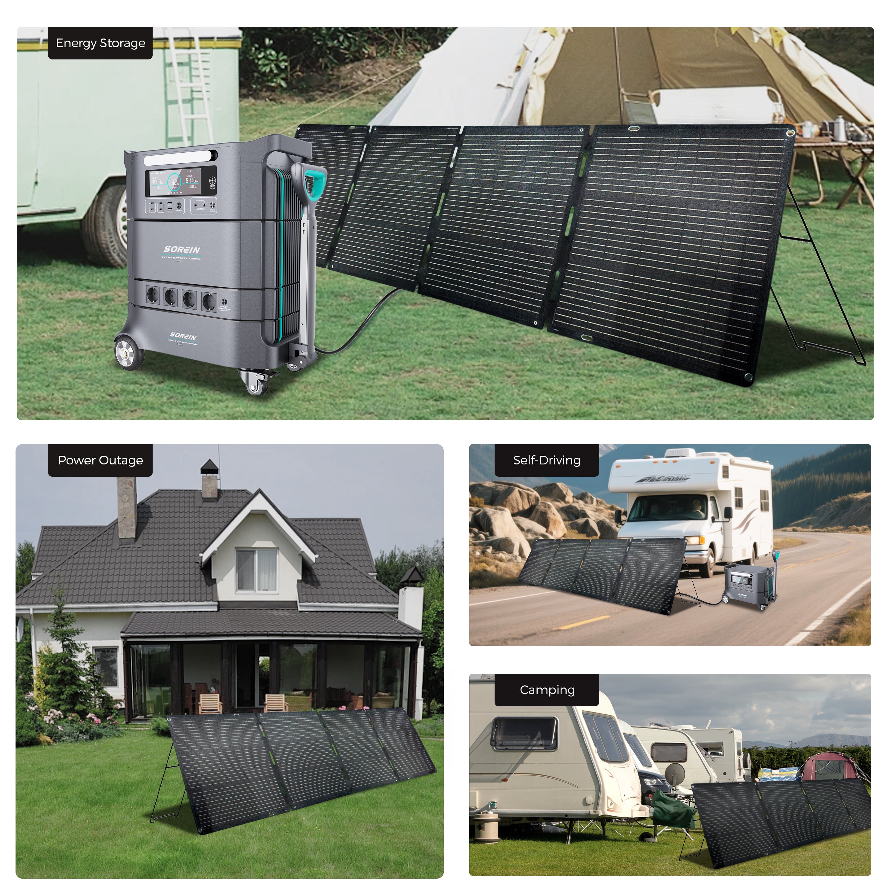 Solar panels charging a portable power station for energy storage, outage, RV and camping scenarios