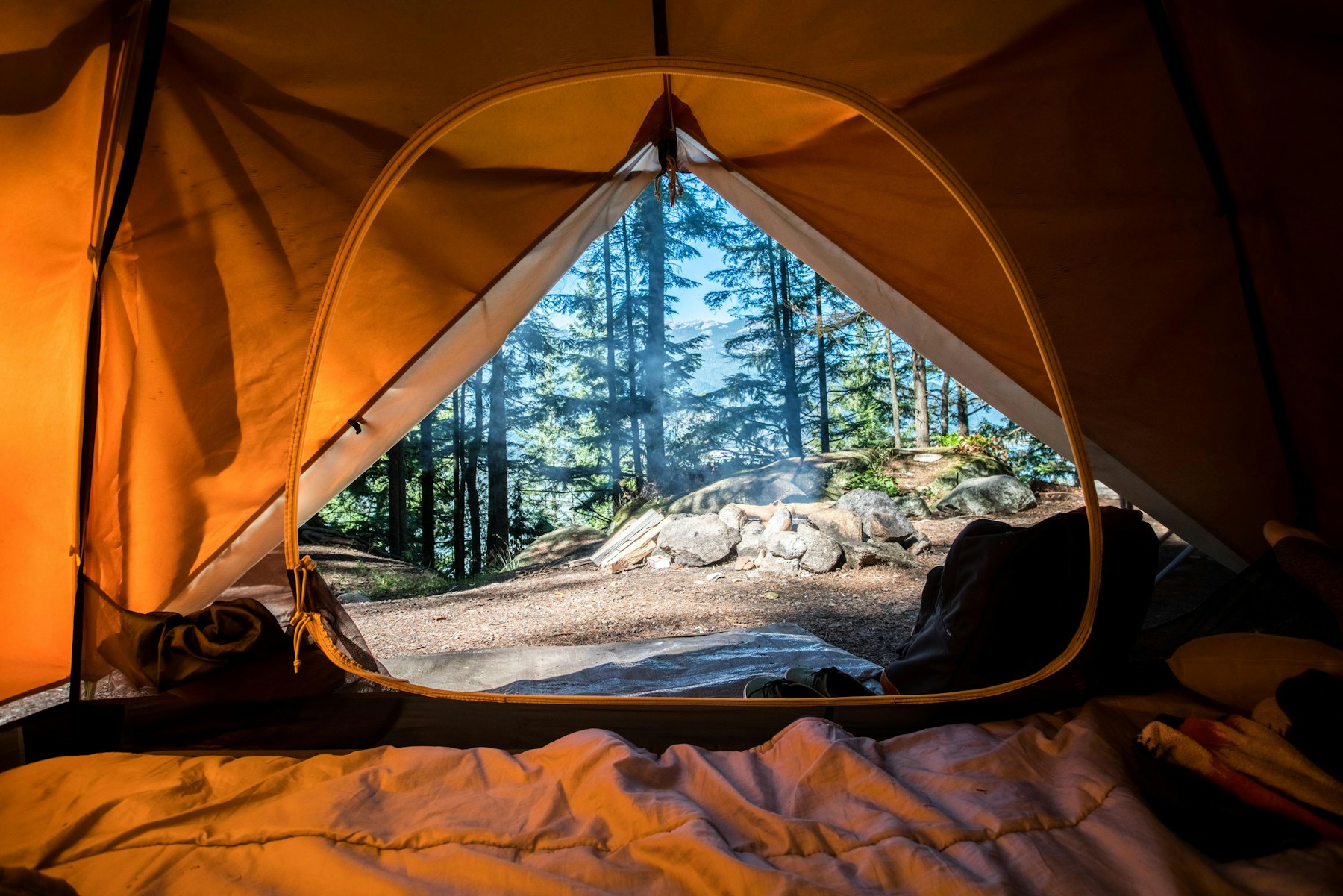 Outdoor campsite where portable power can support lights, electronics and a cooler